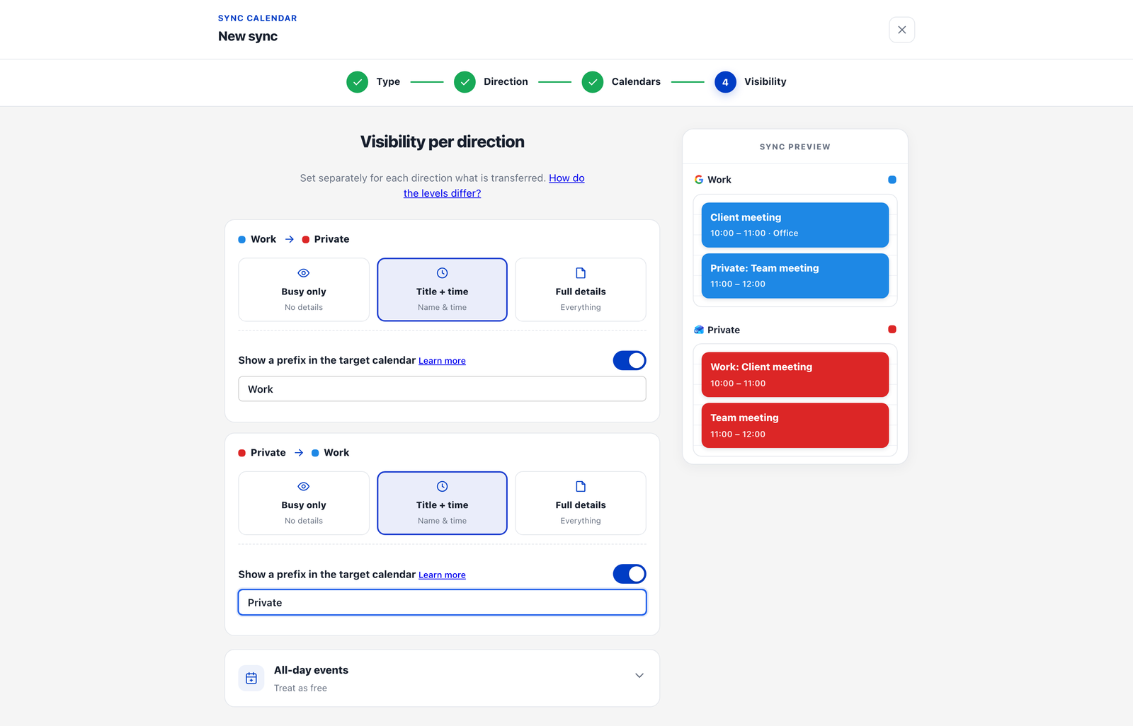 Visibility per direction in the sync wizard: prefixes "Work" and "Private" per direction, with the sync preview showing both prefixes live