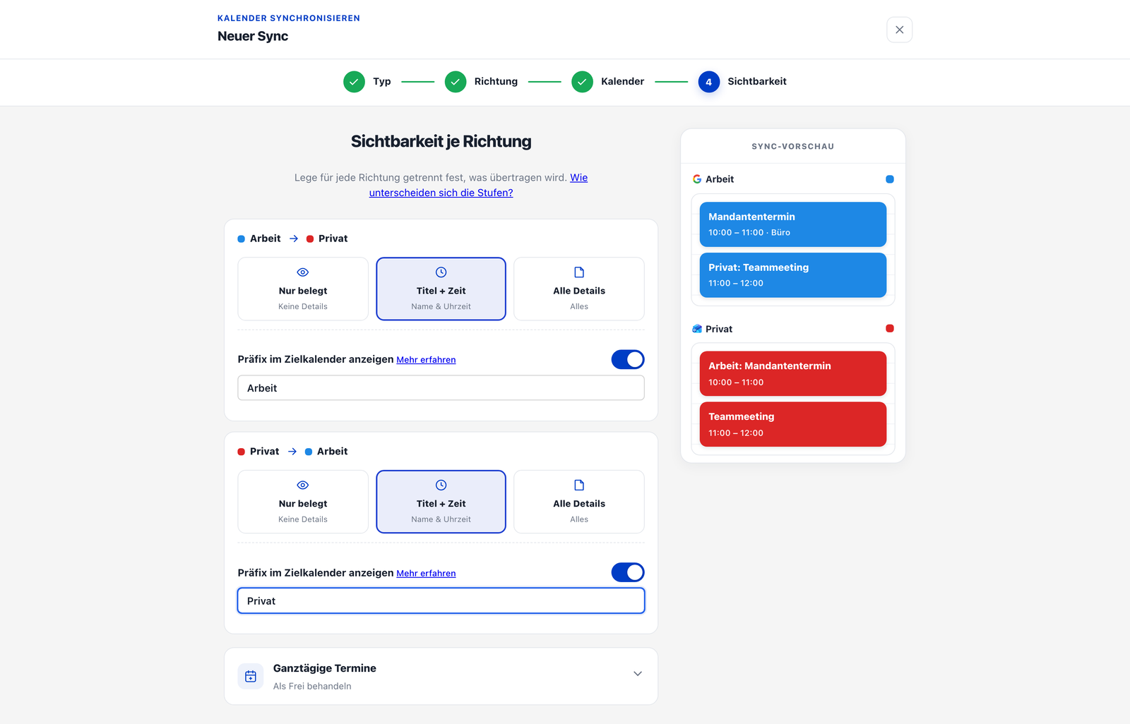 Sichtbarkeit je Richtung im Sync-Assistenten: Präfix „Arbeit" und „Privat" pro Richtung, die Sync-Vorschau zeigt beide Präfixe live