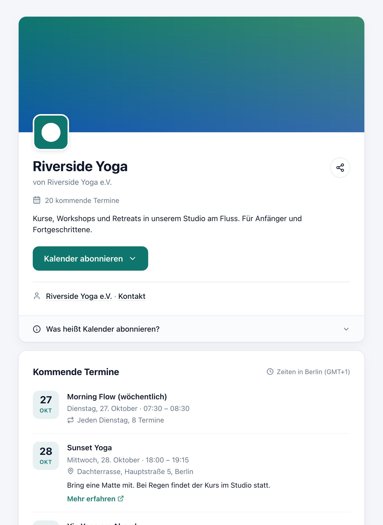 Subscribe page of a demo calendar (in German): banner, logo, organizer name, a “Subscribe to calendar” button and the upcoming events